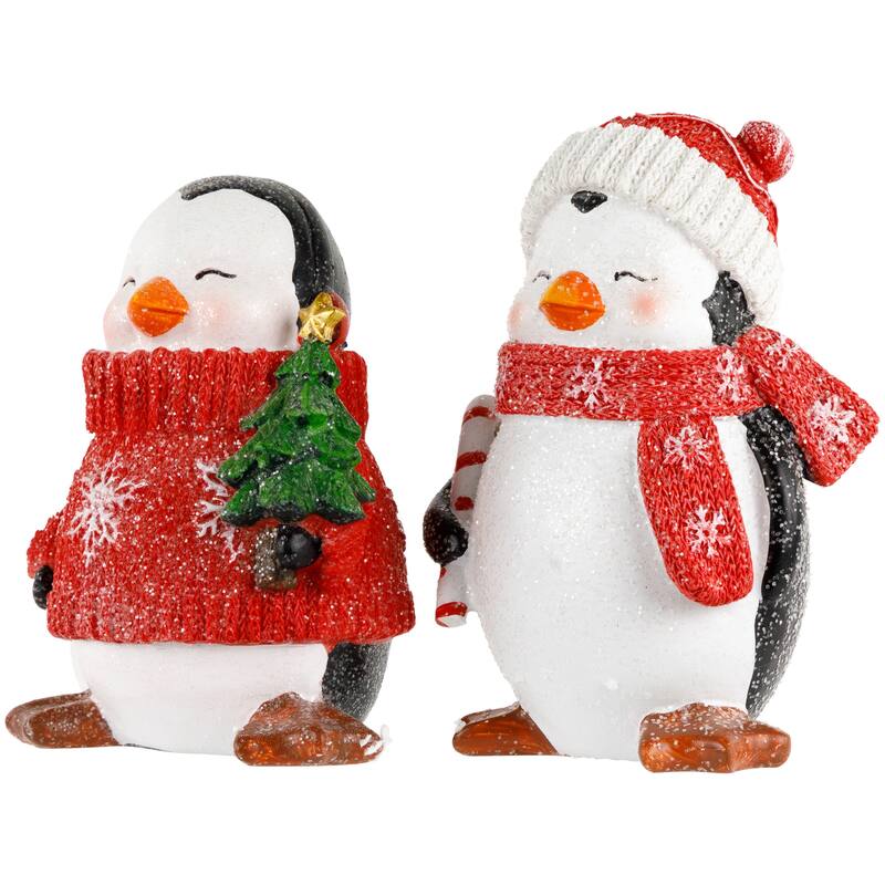 Glittered Penguins with Sweater and Scarf Christmas Figurines - 6" - Set of 2