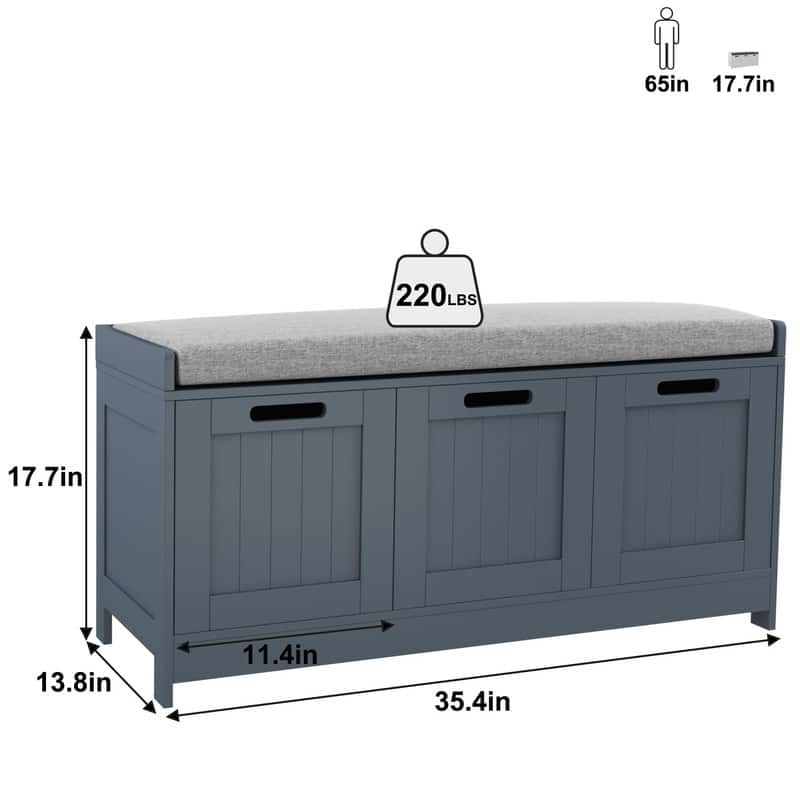 Wooden Shoe Bench with 3-Door Cabinets - 12.6"D x 35.3"W x 17.7"H