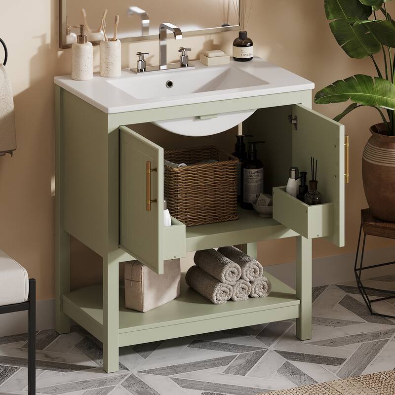 30-Inch Green Bathroom Vanity with Ceramic Sink and Versatile Storage - Ideal for Small Bathrooms - Green