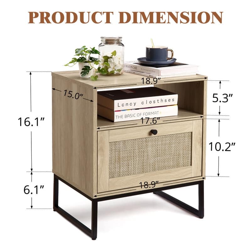 Rattan Nightstand, Boho Bedside Table End Table with Storage Drawer & Metal Legs for Bedroom