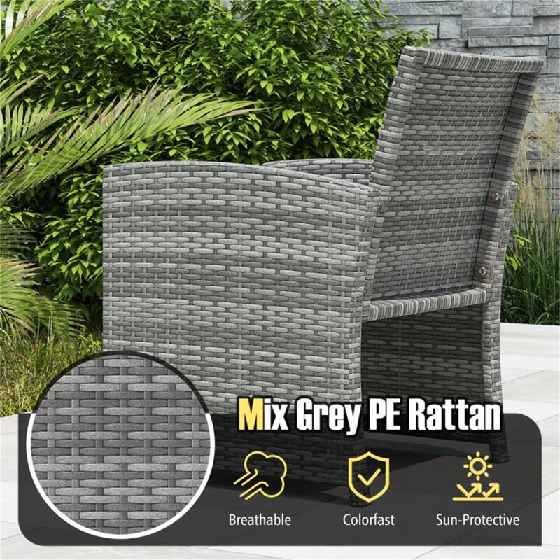 2-Piece Rattan Bistro Set with Comfortable Cushions and Tempered Glass Table Outdoor Patio - Table: 18" × 18" × 17"