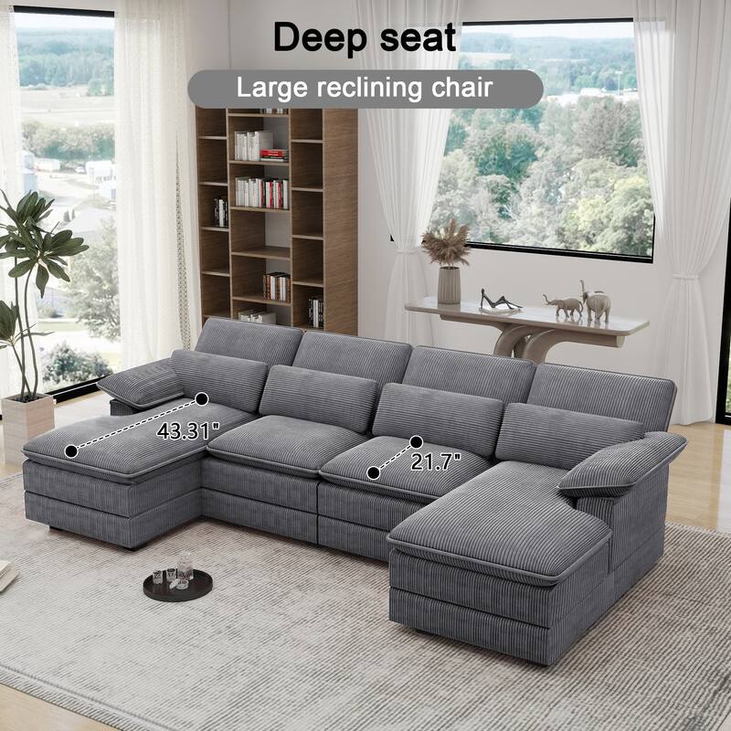 111.8" U-Shaped Cloud Sectional, 4-Seater Corduroy Upholstered Sectional with Recliner and Cushions