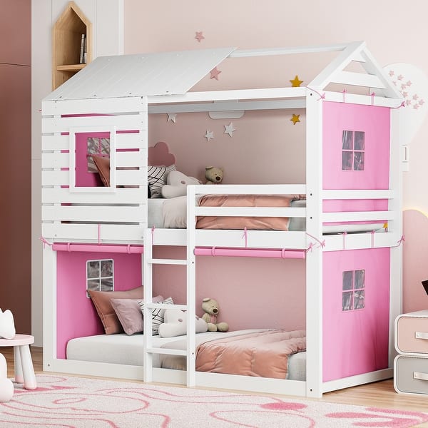 slide 2 of 38, Twin Size Solid Wood Kids Bed Bunk Wood House Bed with Tent Pink+White