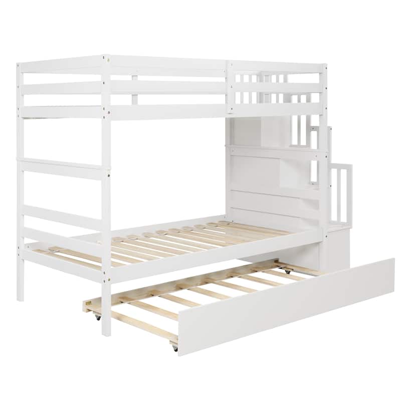 Twin over Twin Bunk beds With Twin Trundle and Stairway Storage Function in White color