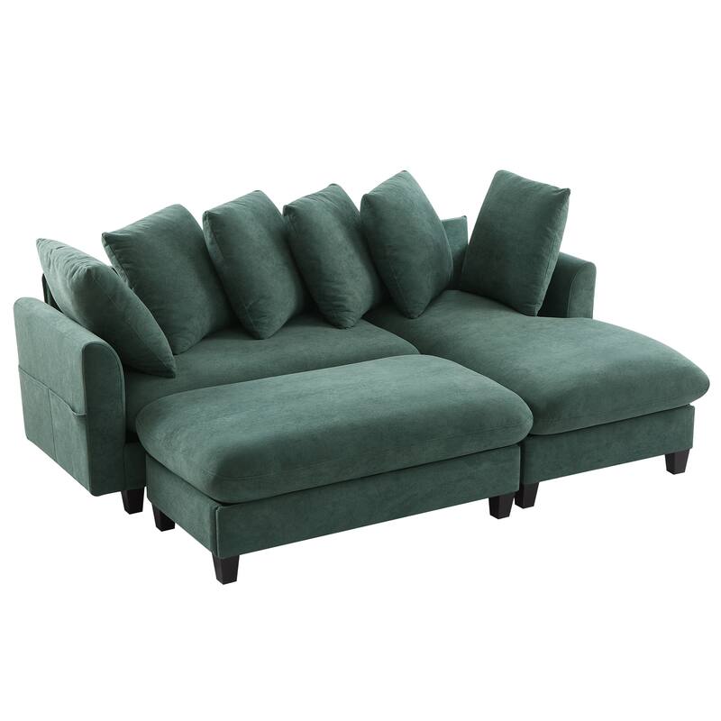 Chenille Sectional Sofa L-shaped Sofa with Movable Ottoman, Upholstered Sectional Sofa with 6 Throw Pillows, Bottom storage