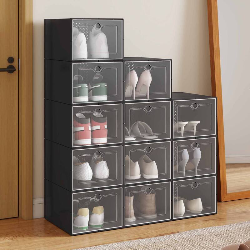 Moasis Shoe Organizer Box, 12/18/24 PCS Medium/ Large Shoe Storage Stackable Shoe Box Rack Containers Drawers