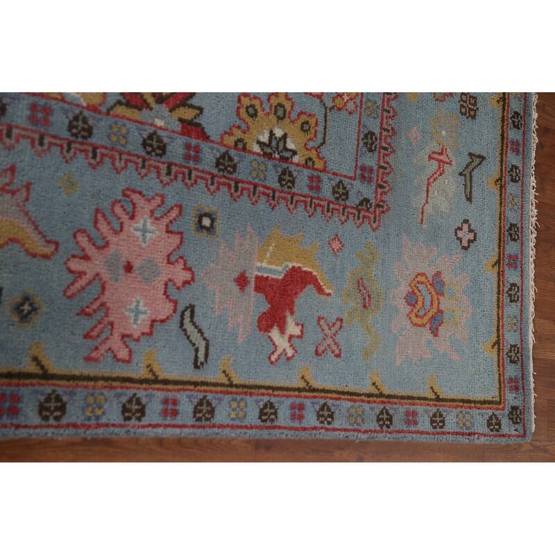 Transitional Blue Oushak Oriental Area Rug Handmade Floral Wool Carpet - 8'1"x 9'6"
