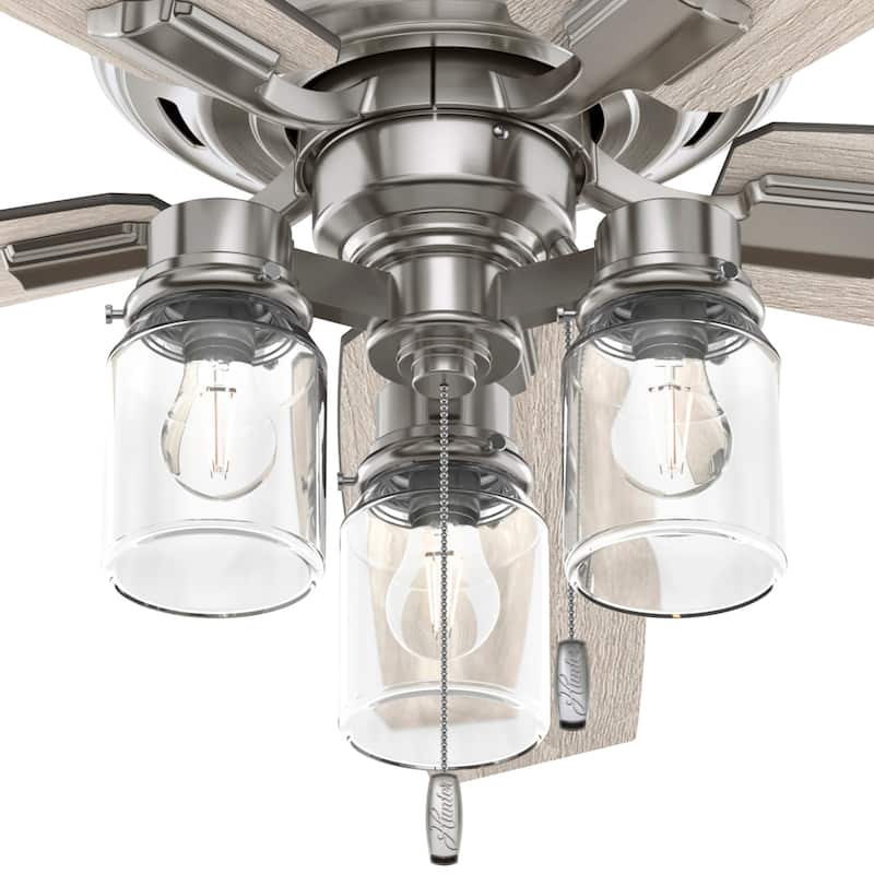 Hunter 52" Declan Pass Brushed Nickel Ceiling Fan with LED Light Kit and Pull Chain - Industrial, Farmhouse, Rustic