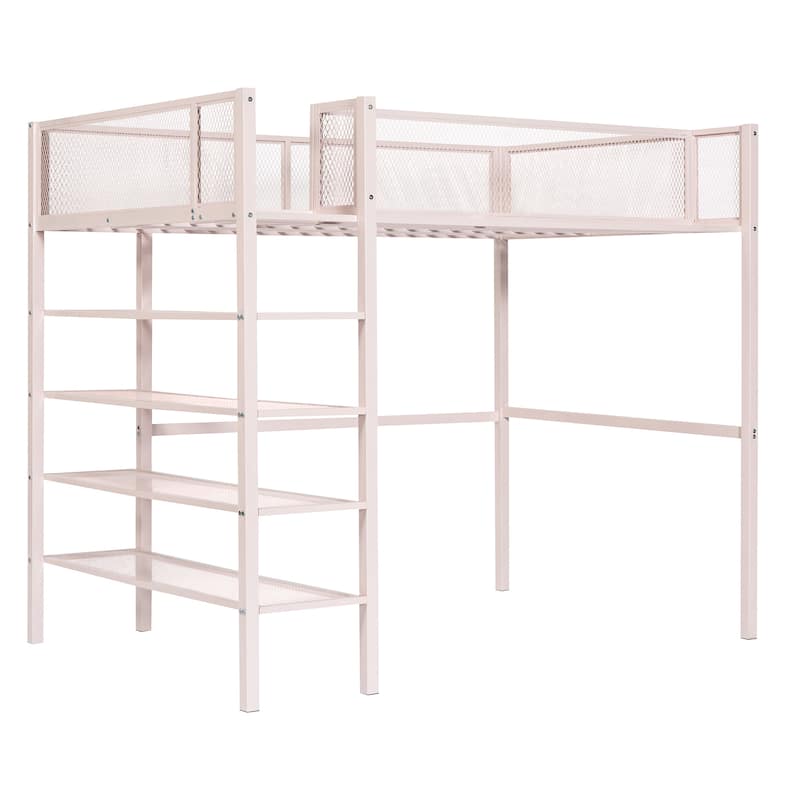 Metal Loft Bed with 4-Tier Shelves and Storage