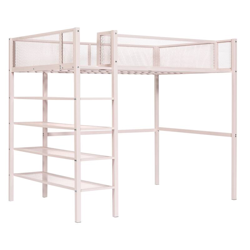 Twin/Full Metal Loft Bed with Built-in Desk, Shelves, and Storage, Modern Design