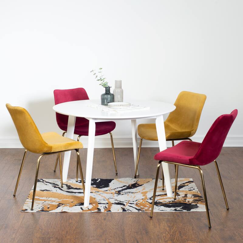 Modern Style Dining Set with Round Table and Velvet Upholstered Chairs - 5-Piece Sets - White+Red+Yellow