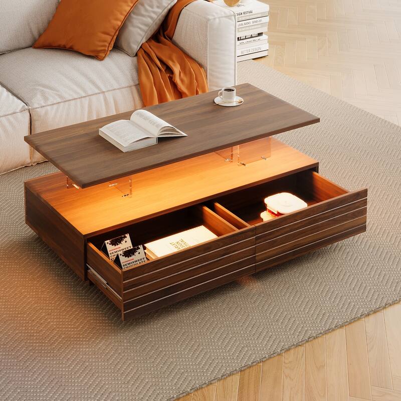 Modern White Rectangular LED Lights Coffee Table with 2 Drawers