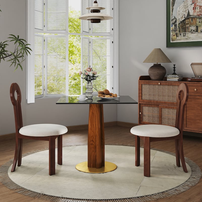 Modern Square Dining Table, 33.5" Tempered Glass Table with Wooden Leg & Gold Base, 2 - Person Kitchen Table for Small Space - Brown+Transparent