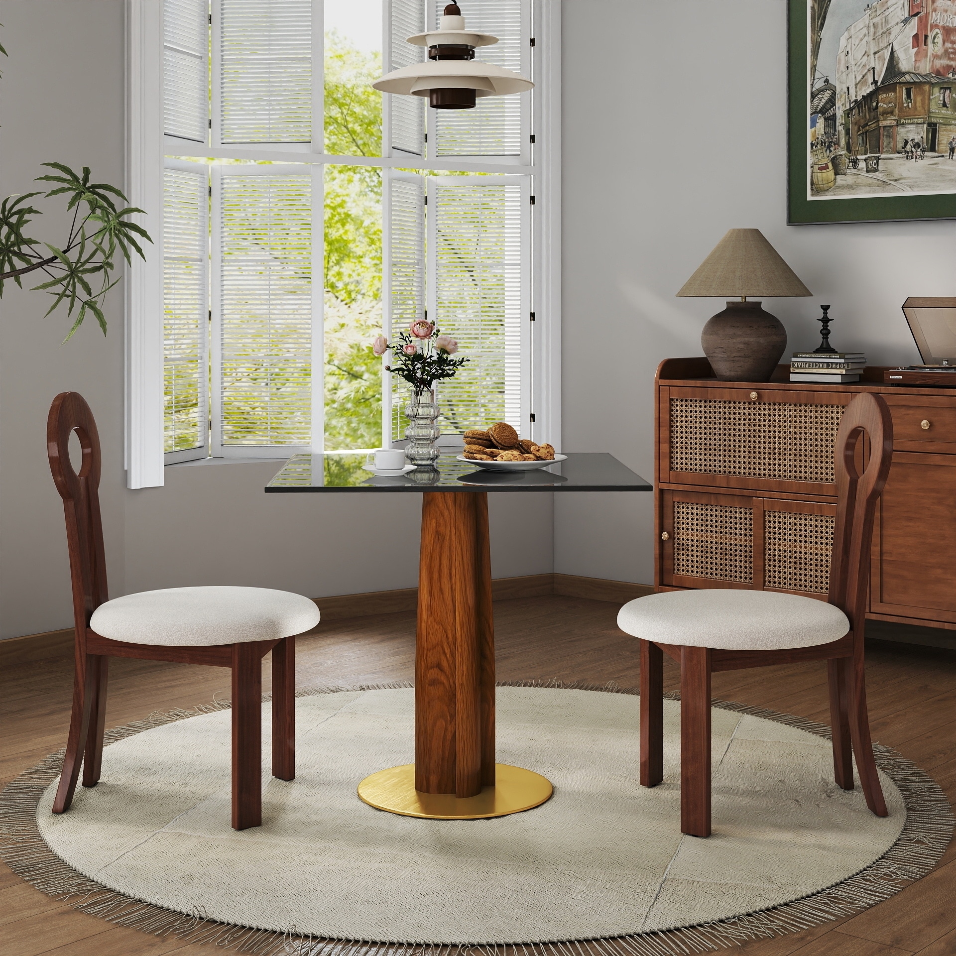 Modern Square Dining Table, 33.5" Tempered Glass Table with Wooden Leg & Gold Base, 2 - Person Kitchen Table for Small Space