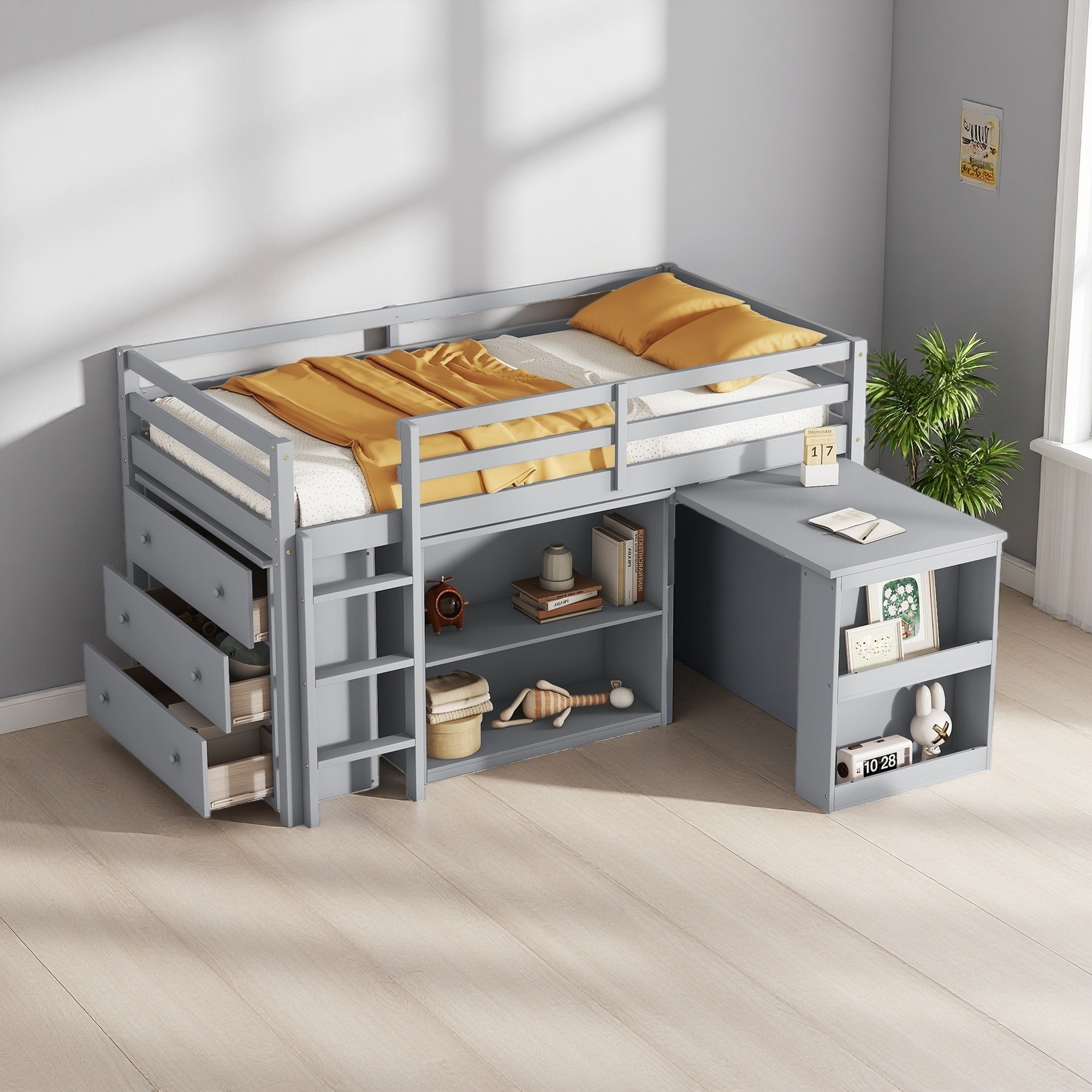 Twin Loft Bed with Pull-Out Desk & Storage and 3-Drawer Cabinet & Shelves (250lb Capacity)
