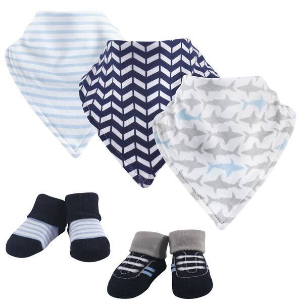 slide 1 of 1, Yoga Sprout Baby Boy Cotton Bandana Bibs and Socks 5pk, Shark, One Size - Shark - One Size