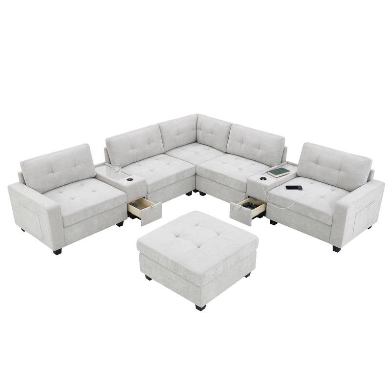 L-shape Chenille Sectional Sofa with 2 Acrylic Consoles Table Top, USB Charger, 2 Drawers, Pockets and Ottoman for Living Room