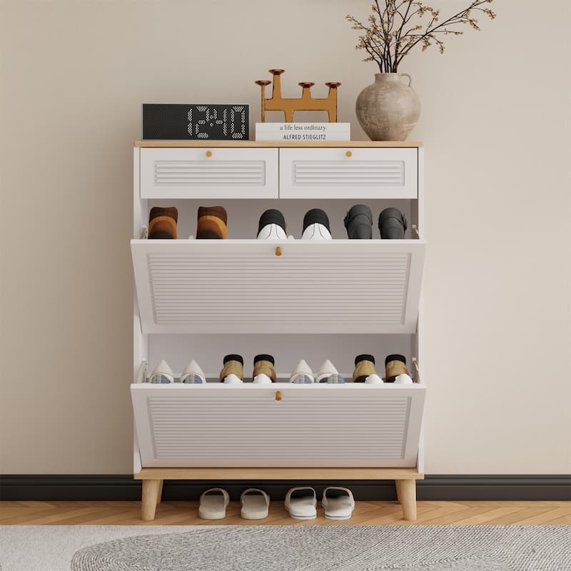 Freestanding Wood Shoe Cabinet with 2 Flip-up Doors and 2 Drawers