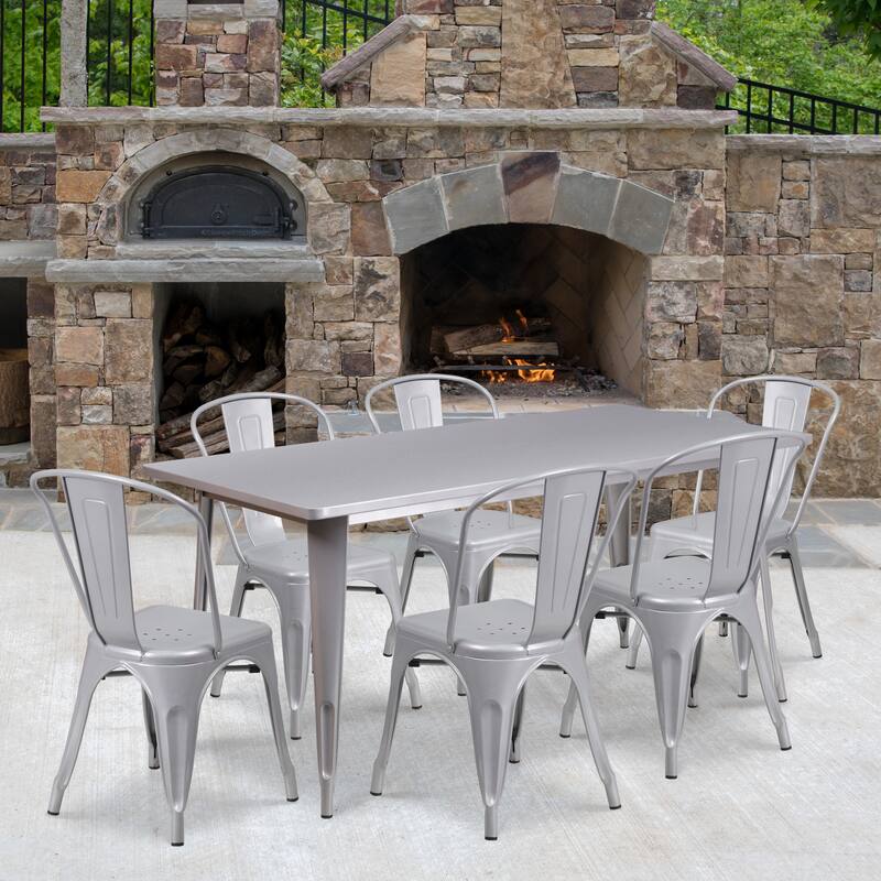 Rectangular Metal Indoor-Outdoor Table Set - Silver