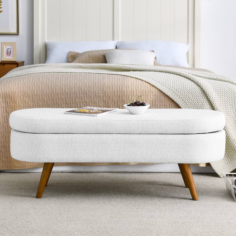 Modern Oval Storage Ottoman, Storage Bench w/Rubber Wood Legs - White