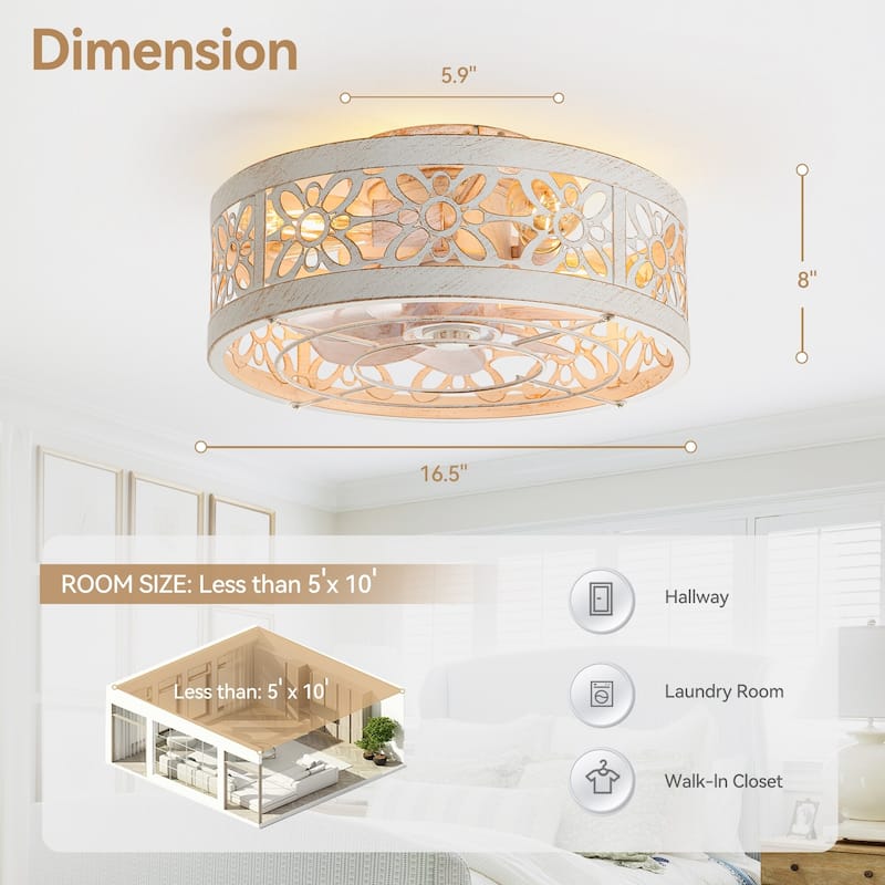 16.5" Vintage Caged Ceiling Fan with Lights, 7 ABS Blades, Remote Control, 6-Speed DC Motor, Small Fandelier
