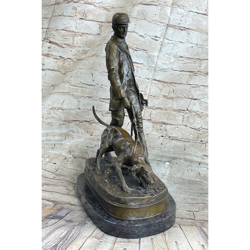 Original Italian Artist Aldo Vitaleh Hunter And Dog Bronze Marble Base Sculpture