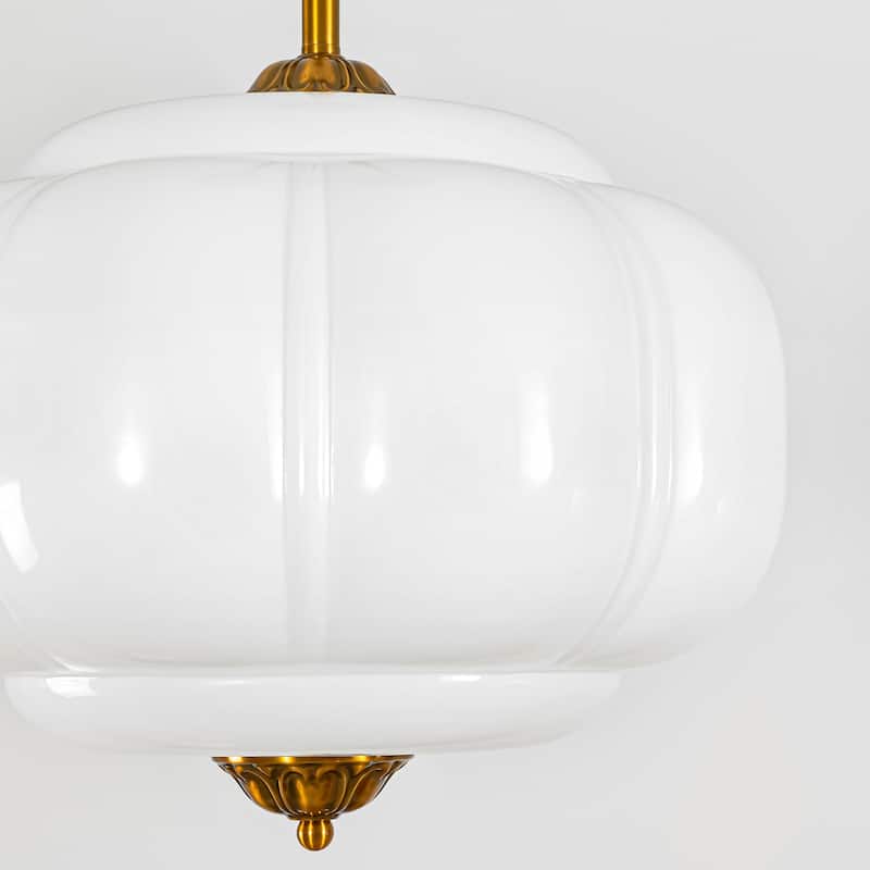 1-Light Retro Antique Brass Pumpkin Shaped Flush Mount Ceiling Light/Pendant Light with Milk/Green Glass for Kitchen,Dining Room