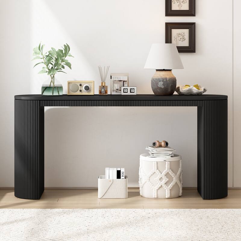 59.2" Curved Console Table with Unique Vertical Stripe Design, Wooden Hallway Table Extra Long Accent Entryway Sofa Table