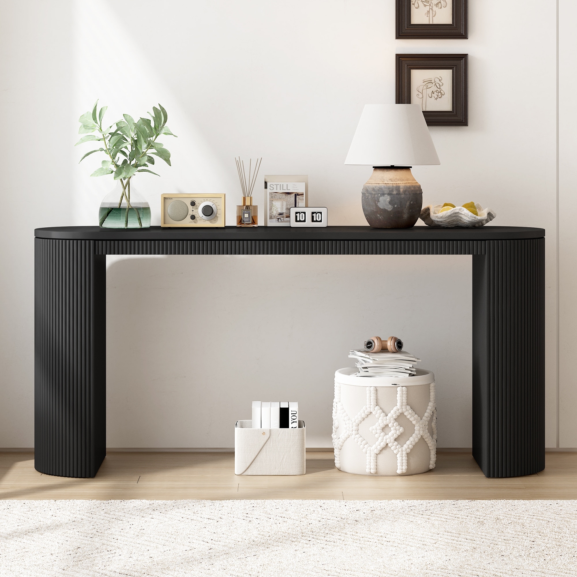 Black Decorative Table End Table with Vertical Stripe Legs, Stylish Console Table Side Table Sofa Side Table