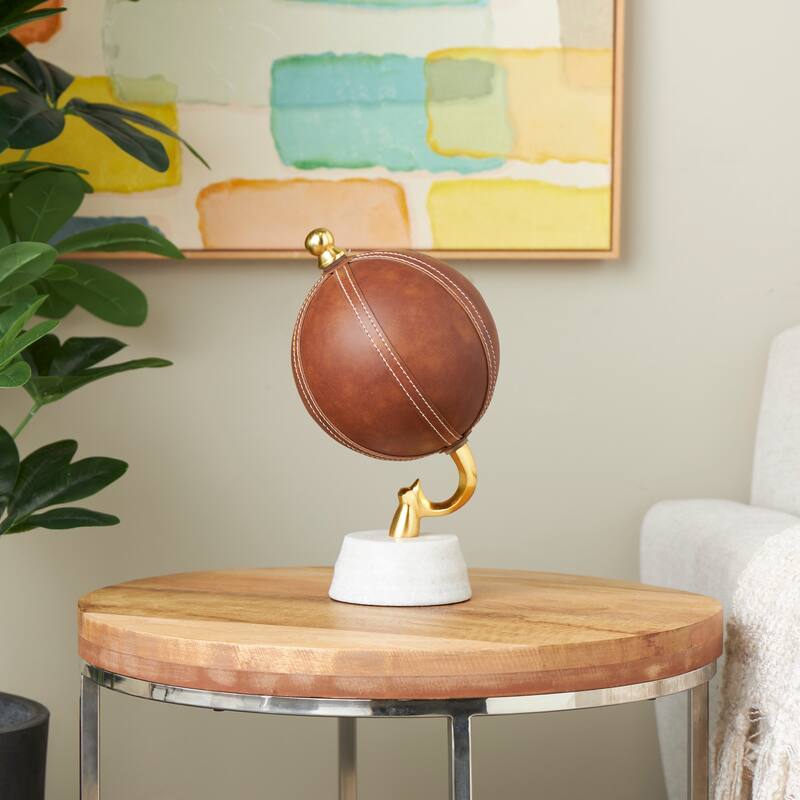 Brown Leather Handmade Stitched Globe with White Marble Base - Brown
