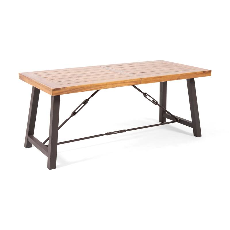 Acacia Wood Dining Table Powder Coated Metal Base Modern Industrial Outdoor