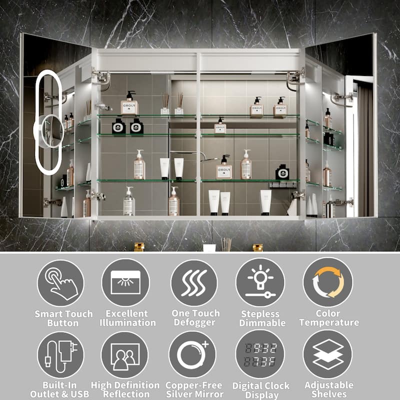 Modland Recessed Smart Mirror Cabinet 24-48x32" with Lights, Anti-Fog, Outlet & Magnifier - Adjustable Shelves