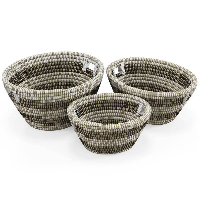Gymax Natural Canes Grass Baskets Stackable Storage Bins Set of 3 w/