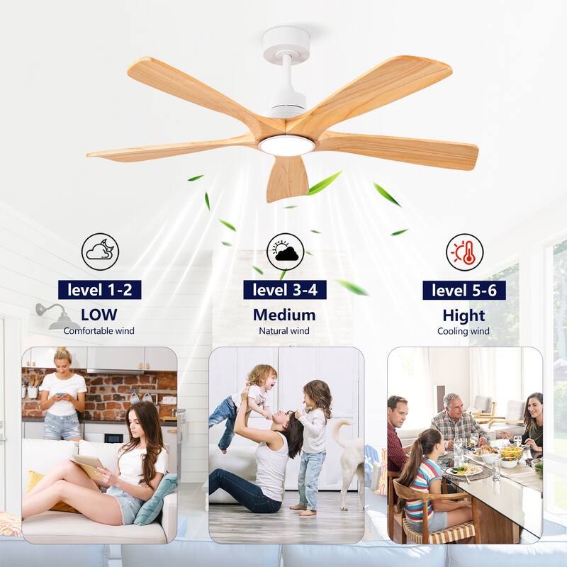 52 Inch Indoor Ceiling Fans With Lights and Remote Control, Dimmable LED, 5 Solid Wood Blades,Reversible DC Motor