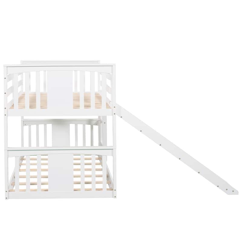 Twin over Twin Size Solid Wood Bunk Bed with Ladder, Slide and Fence for Kids, Bedroom