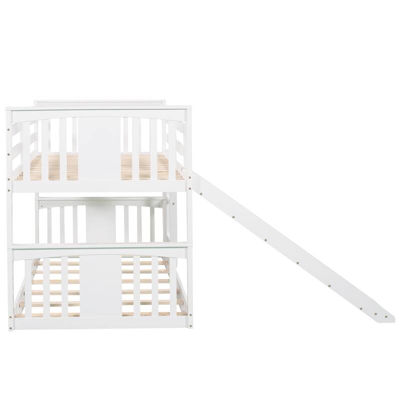 White Twin over Twin Solid Wood Bunk Bed with Slide and Fence