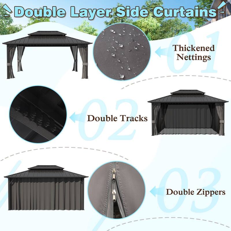 VEIKOUS Aluminum Double Hardtop Gazebo Pergola for Patio, Lawn, and Garden with Removable Curtains and Netting
