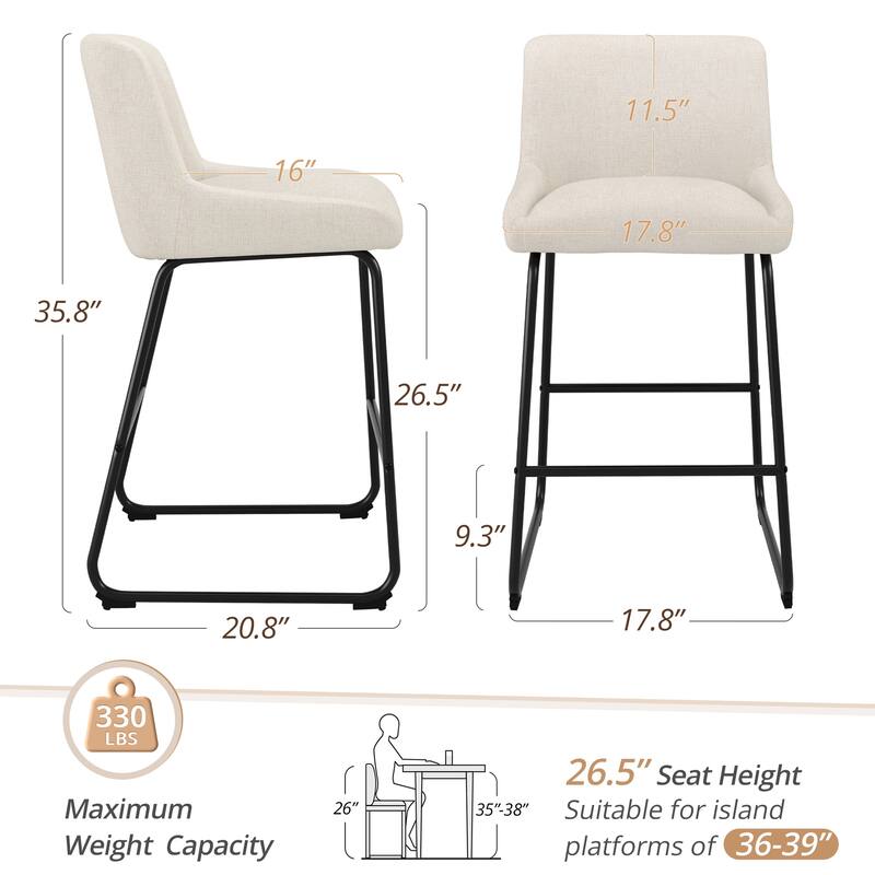 Counter Height Bar Stools with Metal Frame Upholstered Kitchen Island Stool in Faux Leather or Fabric