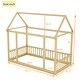 preview thumbnail 7 of 8, Twin Size Floor Wooden Bed with House Roof Frame and Safety Guardrails, Safe and Fun Sleeping Space for Kids, Natural