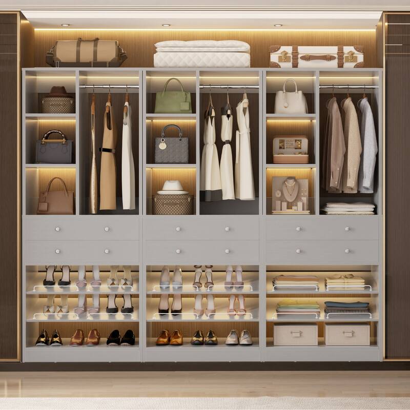 Grimm 28'' Closet Organizer with Shoe Racks and Drawers, Closet System with Hanging Rod and Adjustable Shelves - 3pcs - Grey