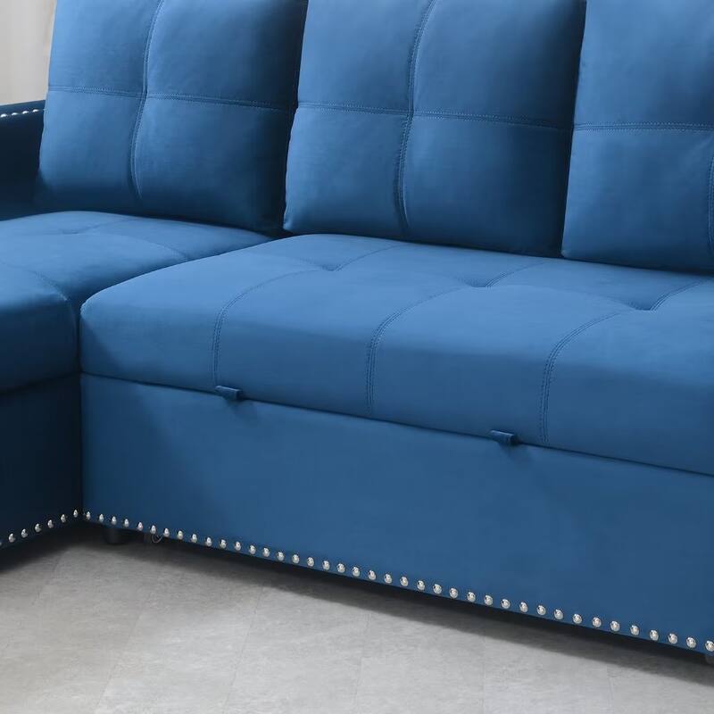 Morden Fort Reversible L-Shaped Sofa Bed with Storage - Velvet Upholstery, Button Tufting, and Nailhead Trim