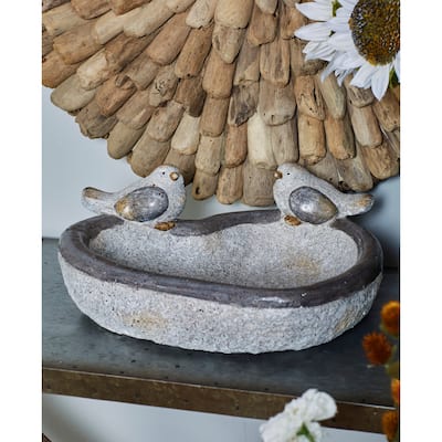 Gray Polystone Indoor Outdoor Bird Decorative Garden Sculpture with Bath Bowl