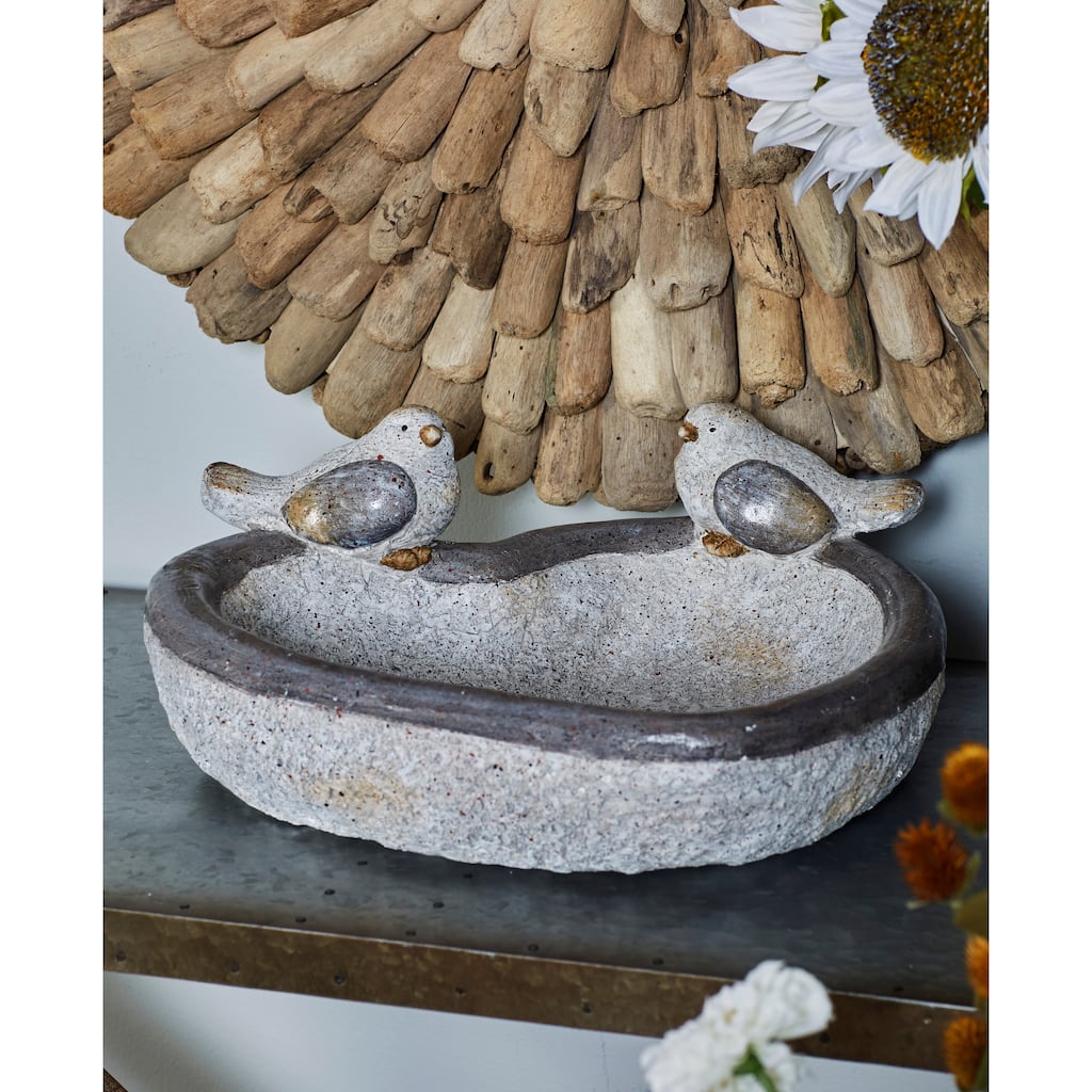 Gray Polystone Indoor Outdoor Bird Decorative Garden Sculpture with Bath Bowl