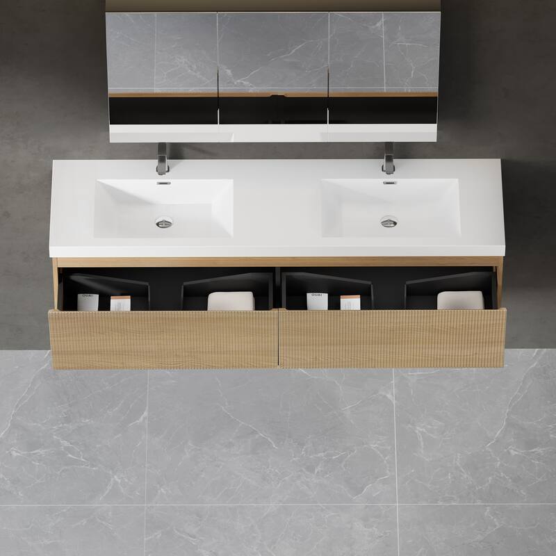 GDFStudio - Harrison 72-Inch Floating Double Bathroom Vanity with Solid Surface Basins and Fluted Storage Drawers