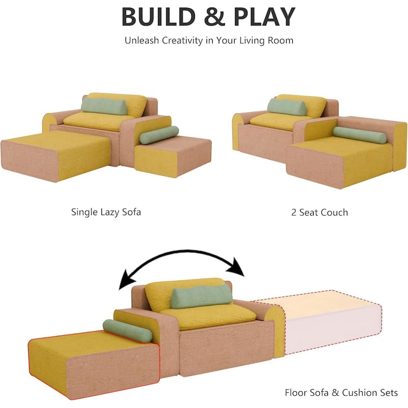 Wowmax Boneless Modular Sectional Floor Sofa, 3 Seater Foam Couch With Ottoman And Cylinder Bolster Pillow For Living Room