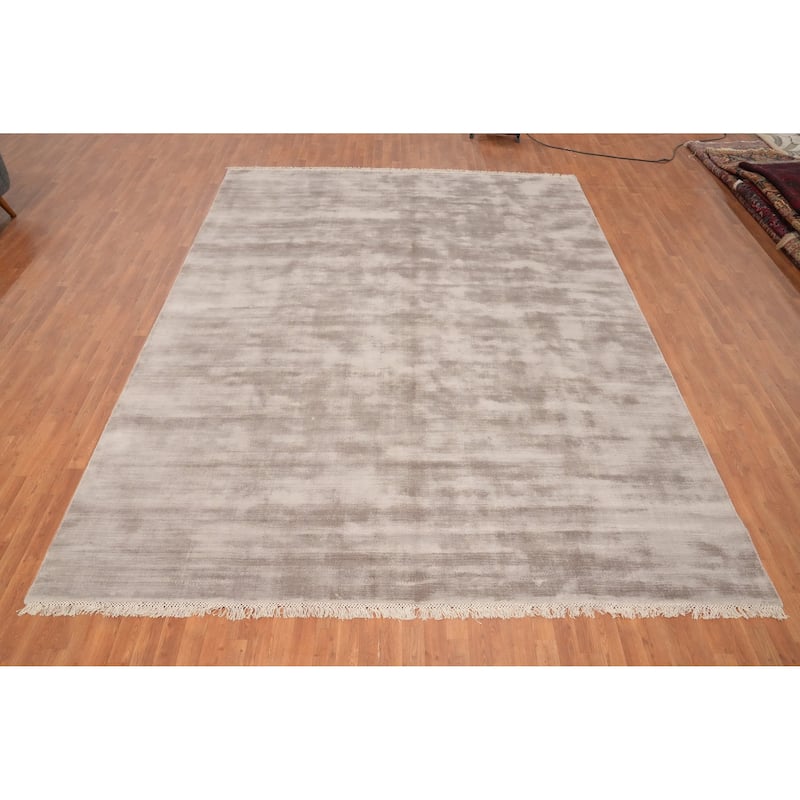 Hand Knotted Oriental Viscose Silk Carpet Modern Modern Beige & Ivories Abstract Area Rug - 12' 10'' X 9' 10''