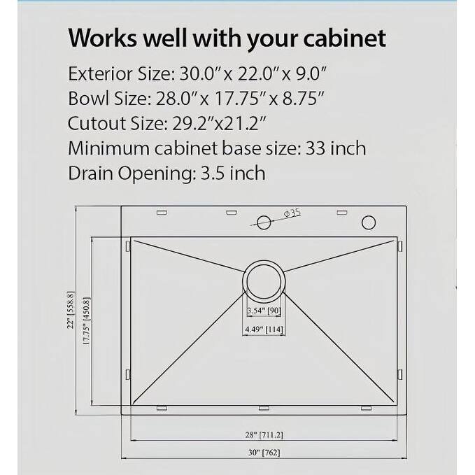 30 x 22 x 9 inch Kitchen Sink Drop In 16 Gauge Stainless Steel 30" Single Bowl Topmount Kitchen Sink Basin
