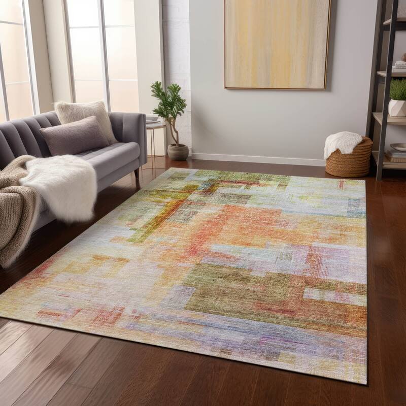 Machine Washable Indoor/ Outdoor Contemporary Abstract Chantille Rug