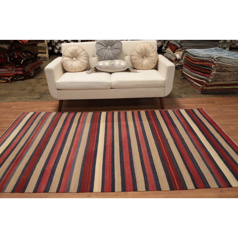 Hand Woven Oriental 100% Wool Carpet Southwestern Geometric Multi-Colored Kilim Area Rug - 8' 3'' X 4' 9''