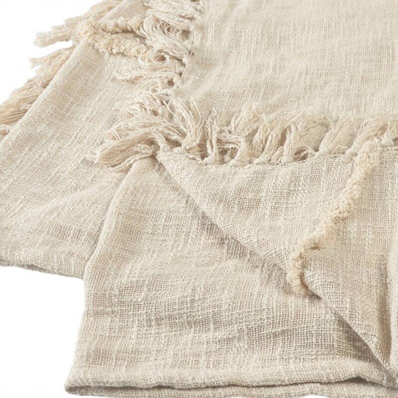 HomeRoots 60" X 50" Cream Woven Cotton Throw Blanket with Fringe